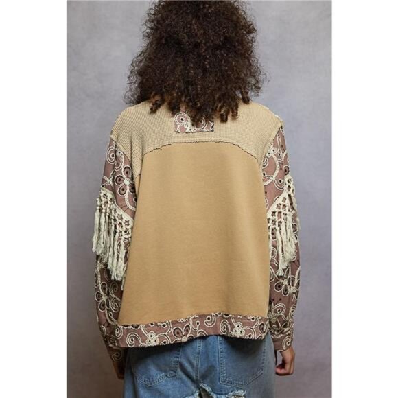 POL Contrast Floral Embroidery Balloon Sleeve Top with Tassel Trim - Picture 4 of 5